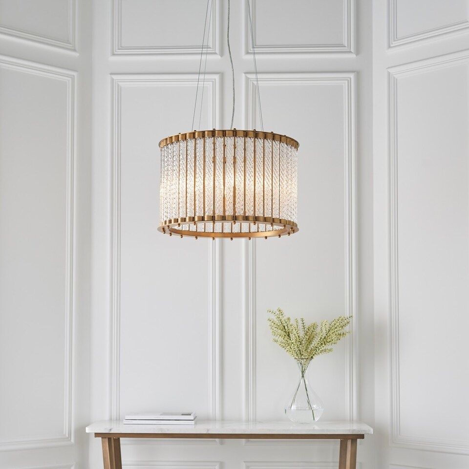 image 1 of Romola Pendant Ceiling Light Matt Gold Finish, Clear Ribbed Glass, 6x E14