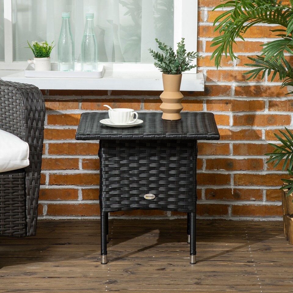 image 1 of Outsunny PE Rattan Outdoor Coffee Table, Easy Match Rattan Side Table, Black