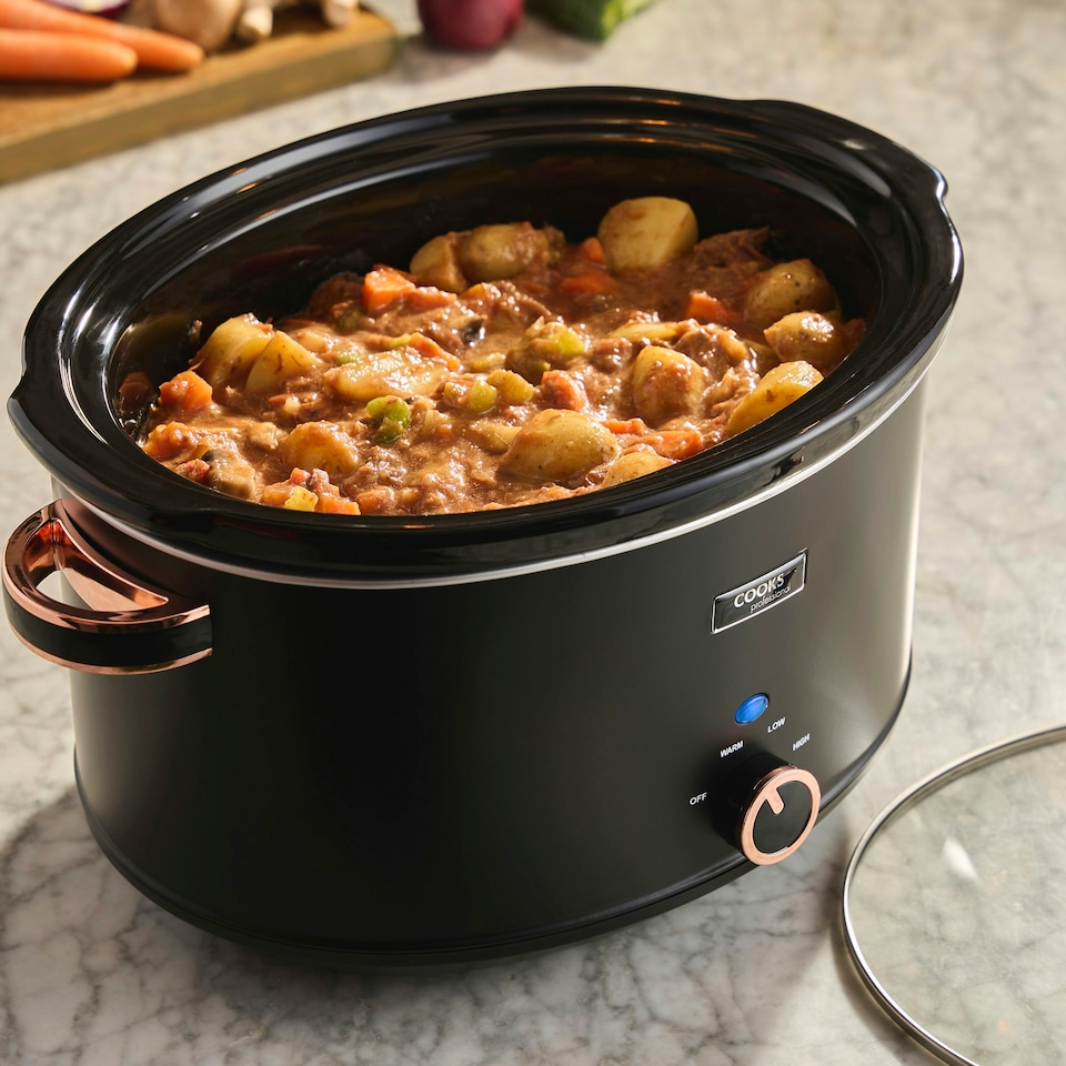 image 1 of Cooks Professional Slow Cooker 8 Litre with Dishwasher Safe Bowl, 2 Heat Settings & Keep Warm Function | Black & Rose Gold