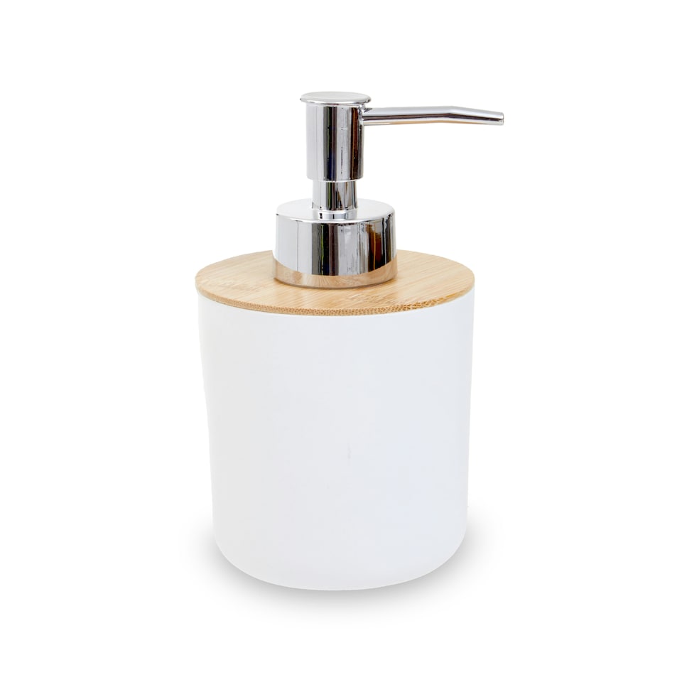 image 1 of Interiors by Premier Subtle White Lotion Dispenser With Bamboo Fibre Body, Liquid Soap Pump For Hand Wash, Moisturizer Dispenser