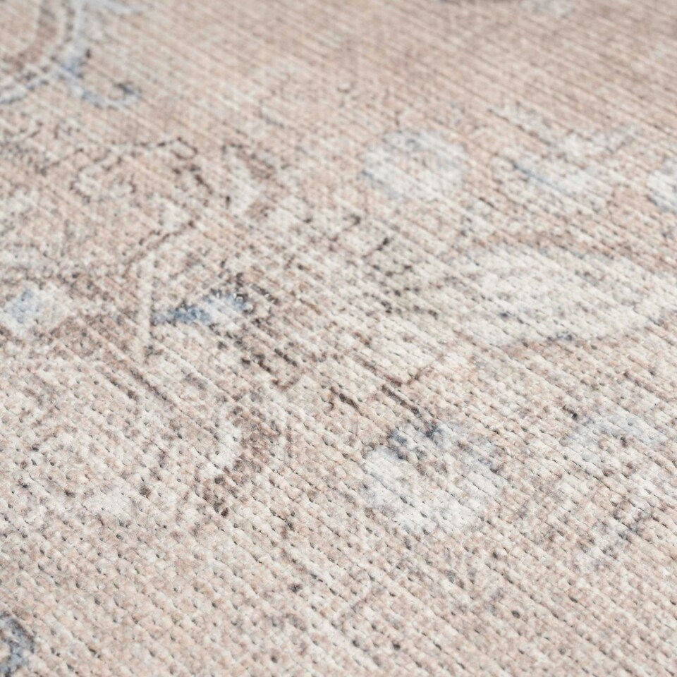 image 1 of KUKOON Neutral Beige Distressed Traditional Medallion Non Slip Washable Low Pile Rug 80cm x 150cm