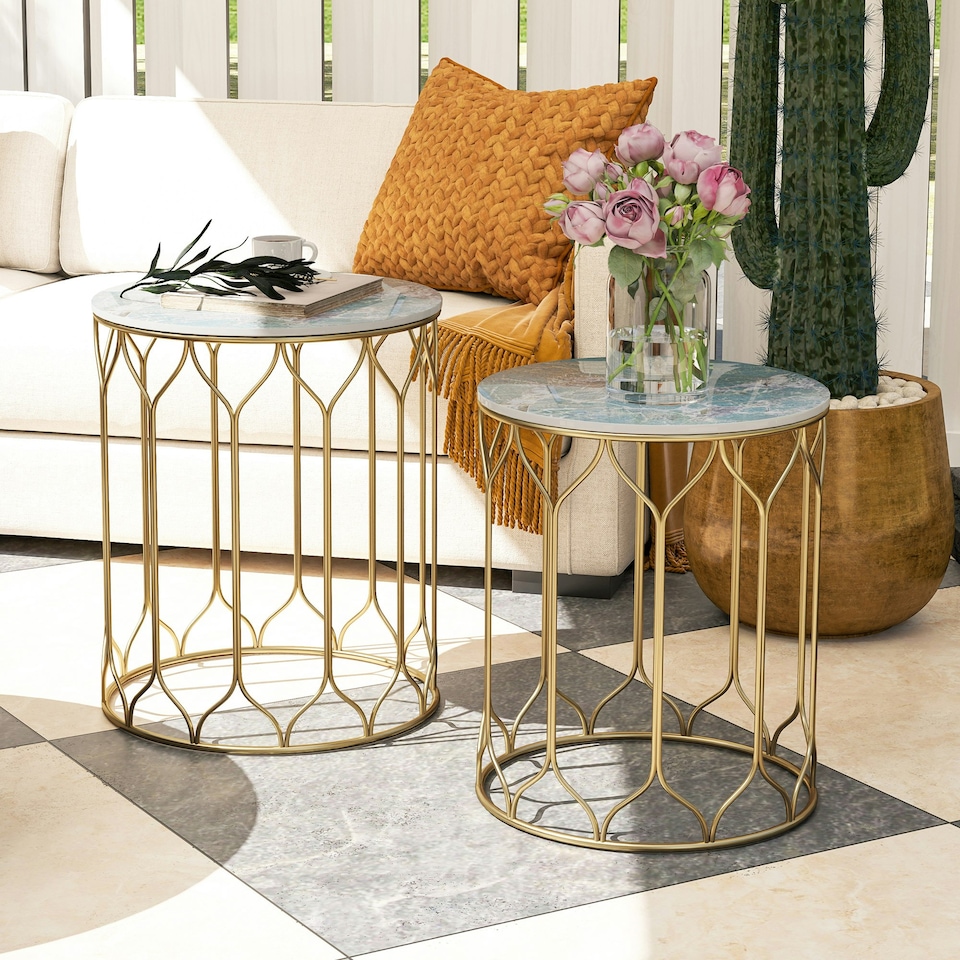 image 1 of Outsunny Round Coffee Table Set of 2, Modern Nesting Tables with Ceramic Tile Top, Small End Tables, Indoor Outdoor Side Table with Metal Frame for Living Room, Bedroom, Patio, Balcony, Black | Black | Black