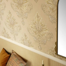 Jasmine Damask Wallpaper in Sand with Metallic Gold Multi