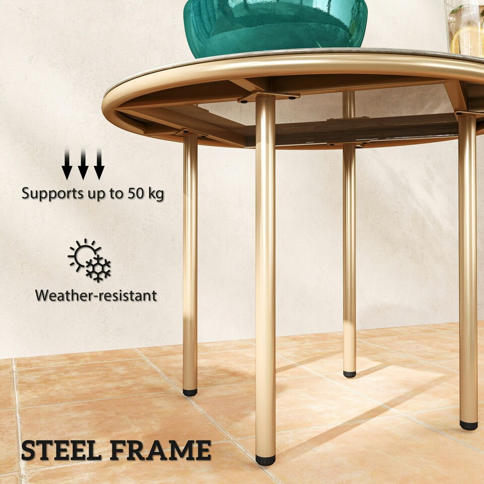 image 1 of Outsunny Round Small Garden Table with Faux Marble Glass Top, Beige