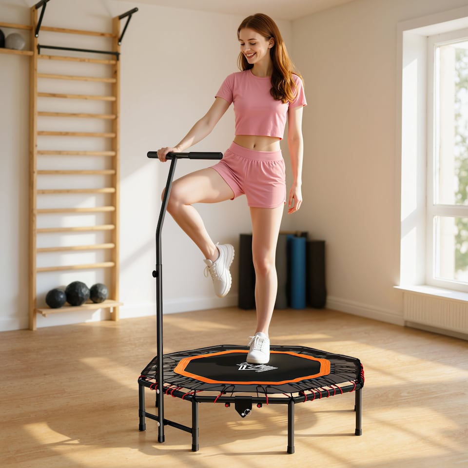 image 1 of HOMCOM 48" Octagonal Mini Fitness Trampoline Rebounder Indoor Outdoor Foldable Mini Jumper with Adjustable Handle, Max Load 150 KG, Orange