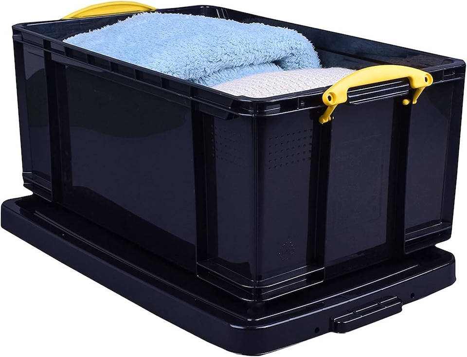 image 1 of Really Useful Box Plastic Storage 64 Litre Solid Black with Yellow Handles (Pack of 4)