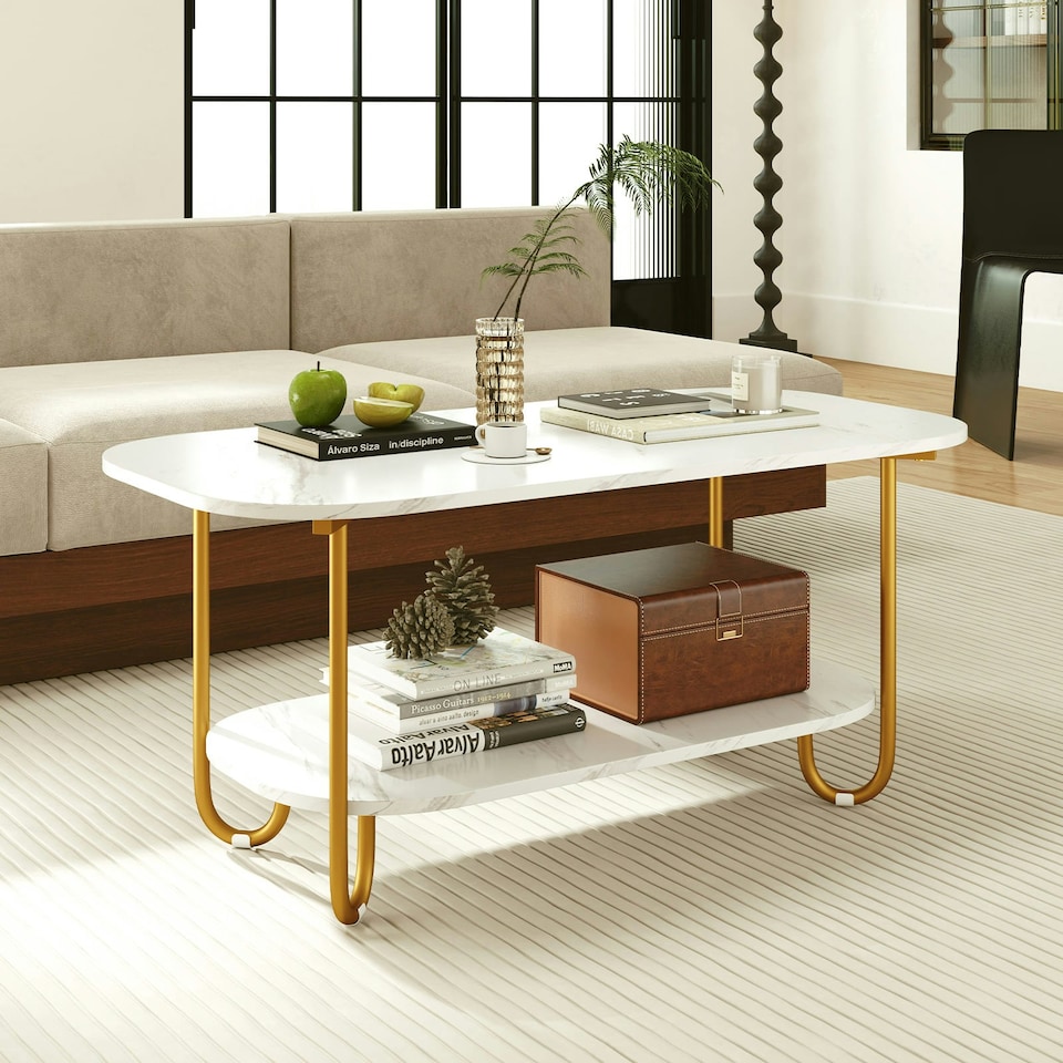 image 1 of COSTWAY Faux Marble Top Coffee Table 2-tier Tea Table White