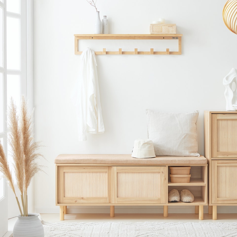 image 1 of SoBuy Wooden Shoe Storage Bench with Seat Cushion, Natural, 47.6x13.8x19.3 in, 20.6 kg - FSR163-N