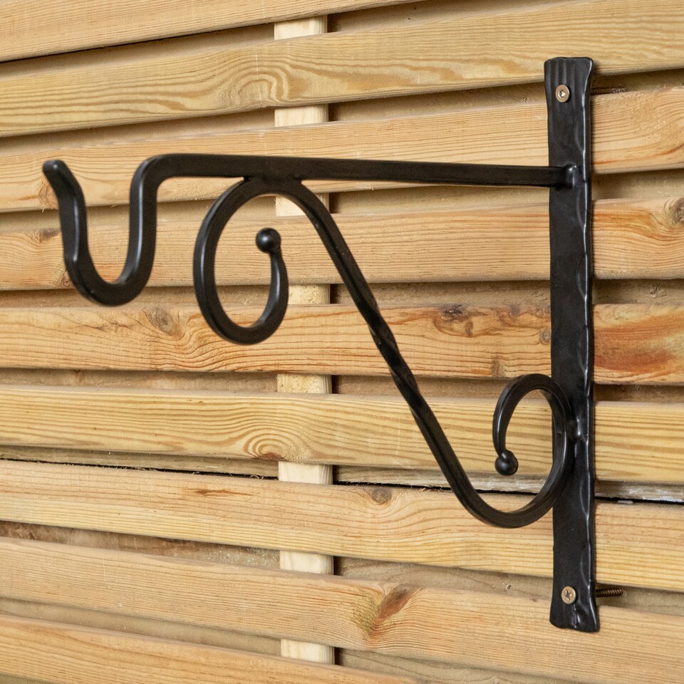 image 1 of Pack of 2 Tom Chambers Heavy Duty Handcrafted Metal 35cm Black Twisted Wall Bracket Hook For Garden Patio Hanging Basket Planter Bird Feeder | Black | Black