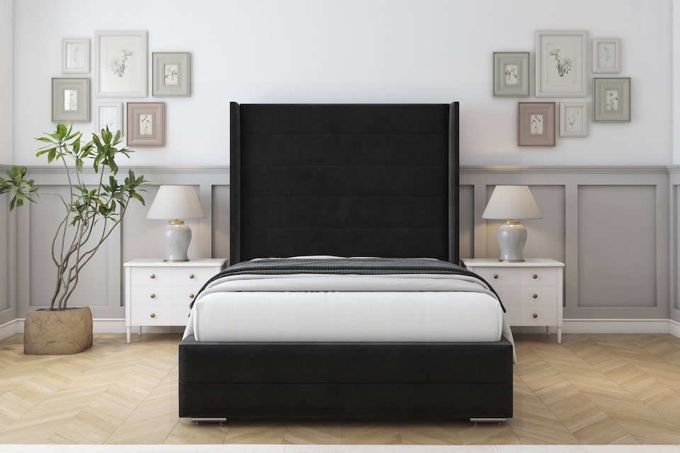 image 1 of Sloomy Sterling Black Plush Bed Frame With Mattress With 50"  Upholstered Wingback Headboard 6' Super King