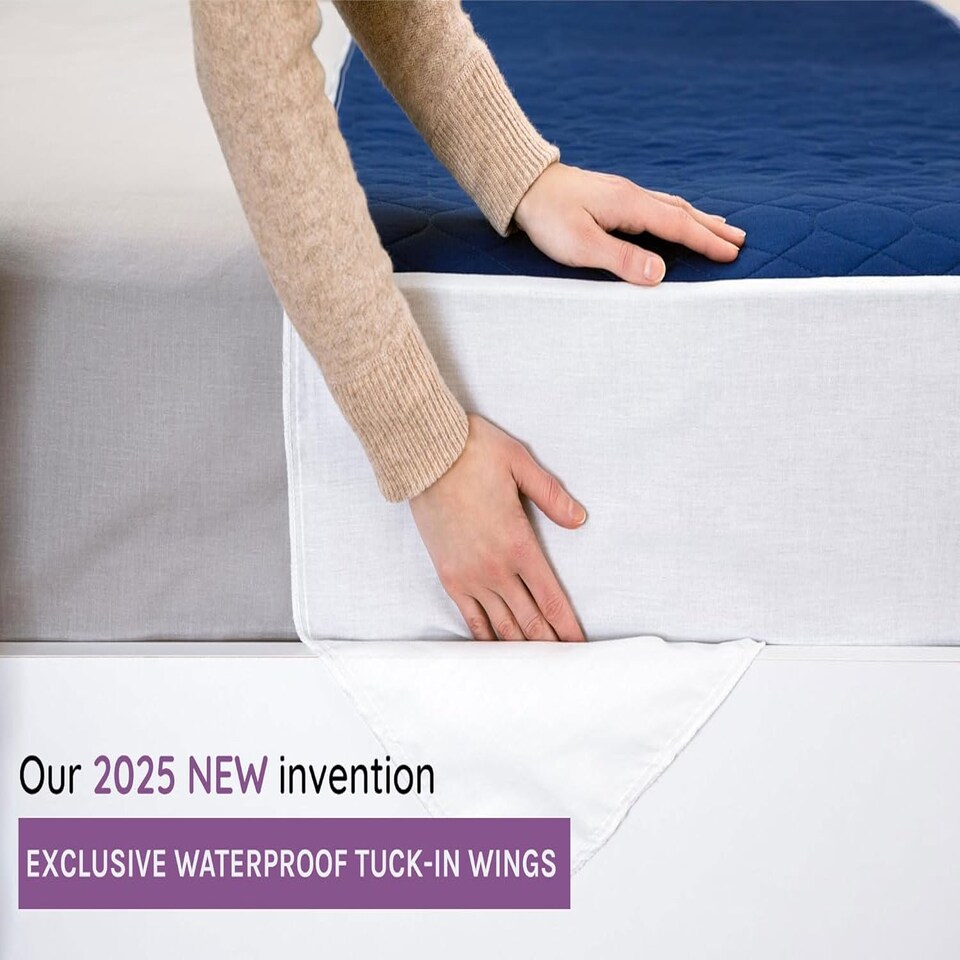 image 1 of Lynmark Waterproof Bed Protector with Tuck-In Flaps, Absorbs Up to 3000ml, 150x85cm (Tucks 85x45cm) | Blue | 1 pack | 1