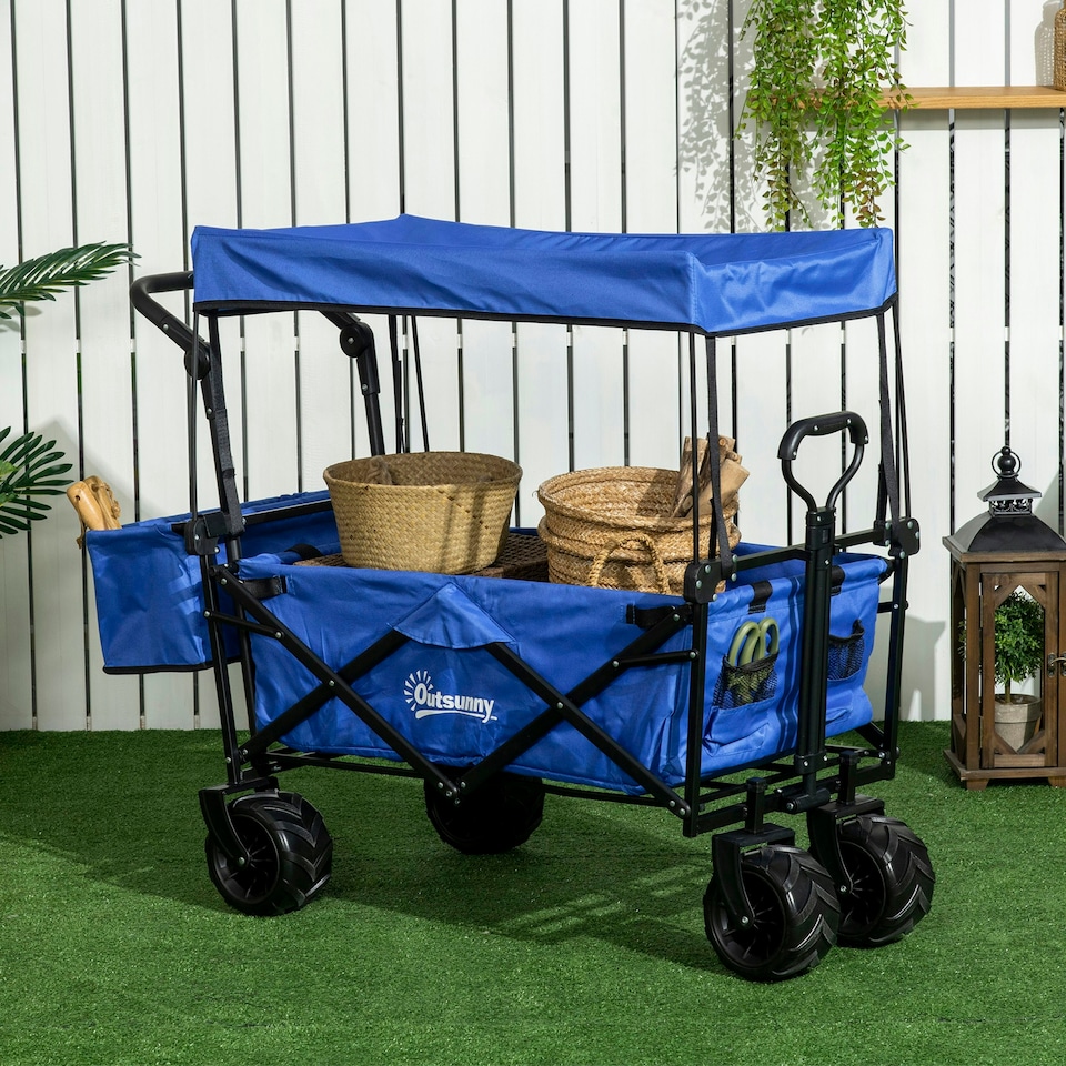 image 1 of Outsunny Outdoor Push Pull Wagon Trolley Cart with Canopy Top - Blue