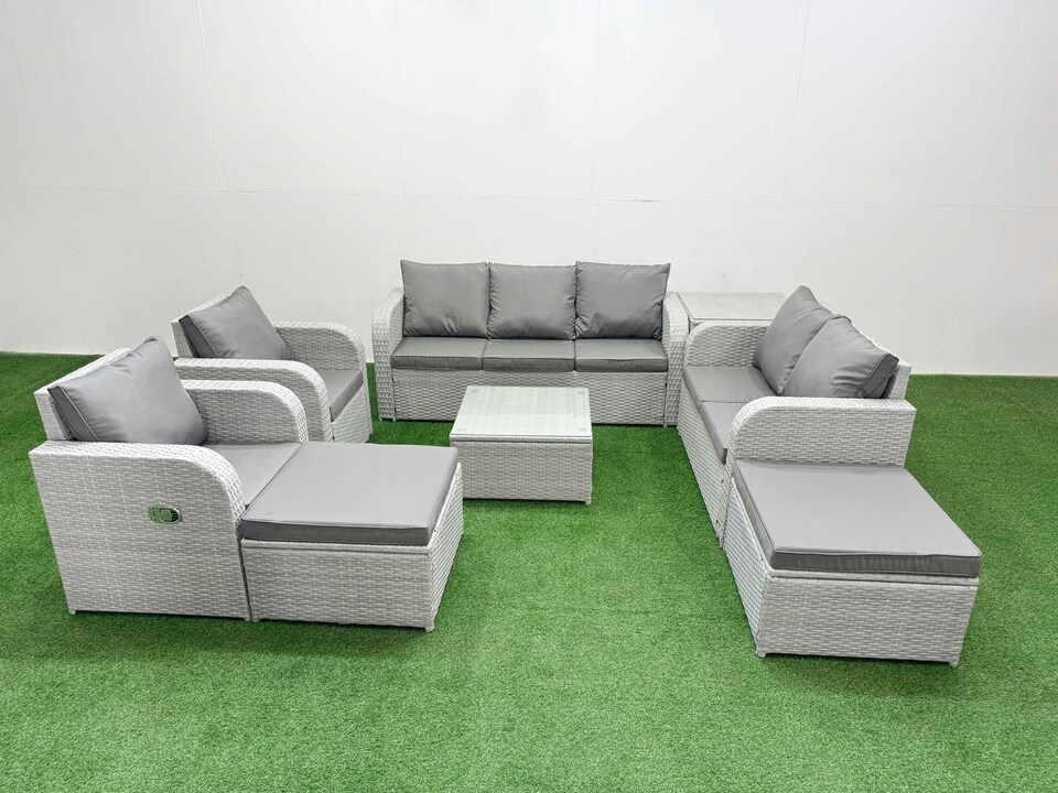 image 1 of Fimous PE Rattan Garden Furniture Set Adjustable Chair Sofa Double Love Seat 2 Seater Sofa Lounge Set Square Coffee Table 2 Big Footstool Side Table Light Grey