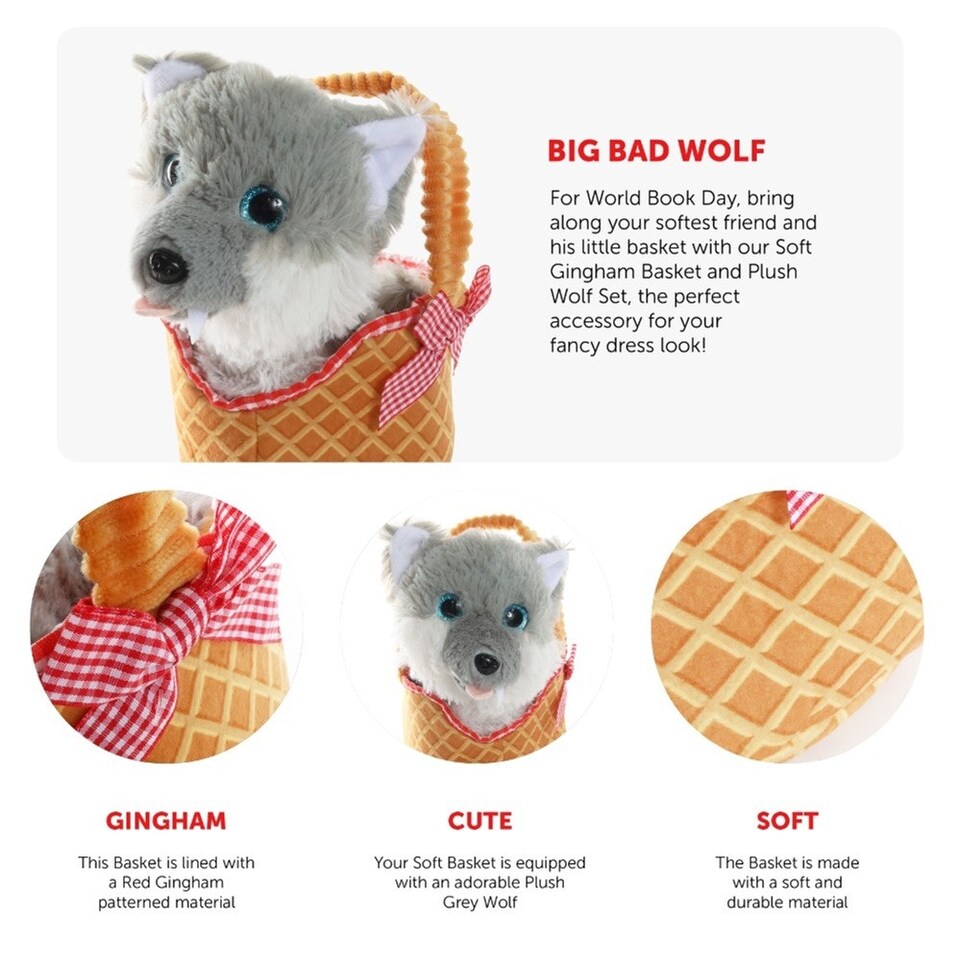 image 1 of Soft Gingham Basket & Wolf Set Grey | One Size