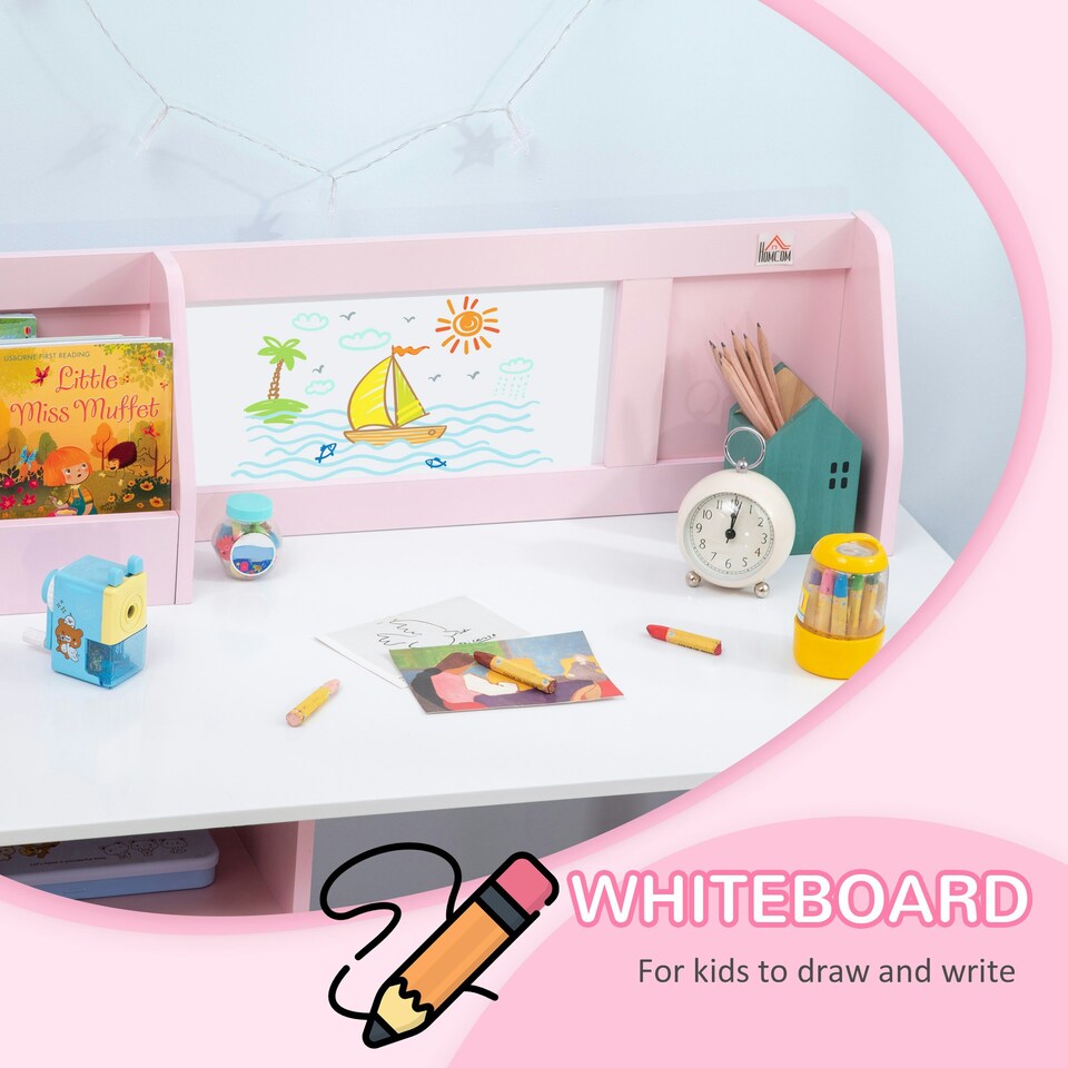image 1 of HOMCOM 2 PCs Childrens Table and Chair Set w/ Whiteboard Storage - Pink 