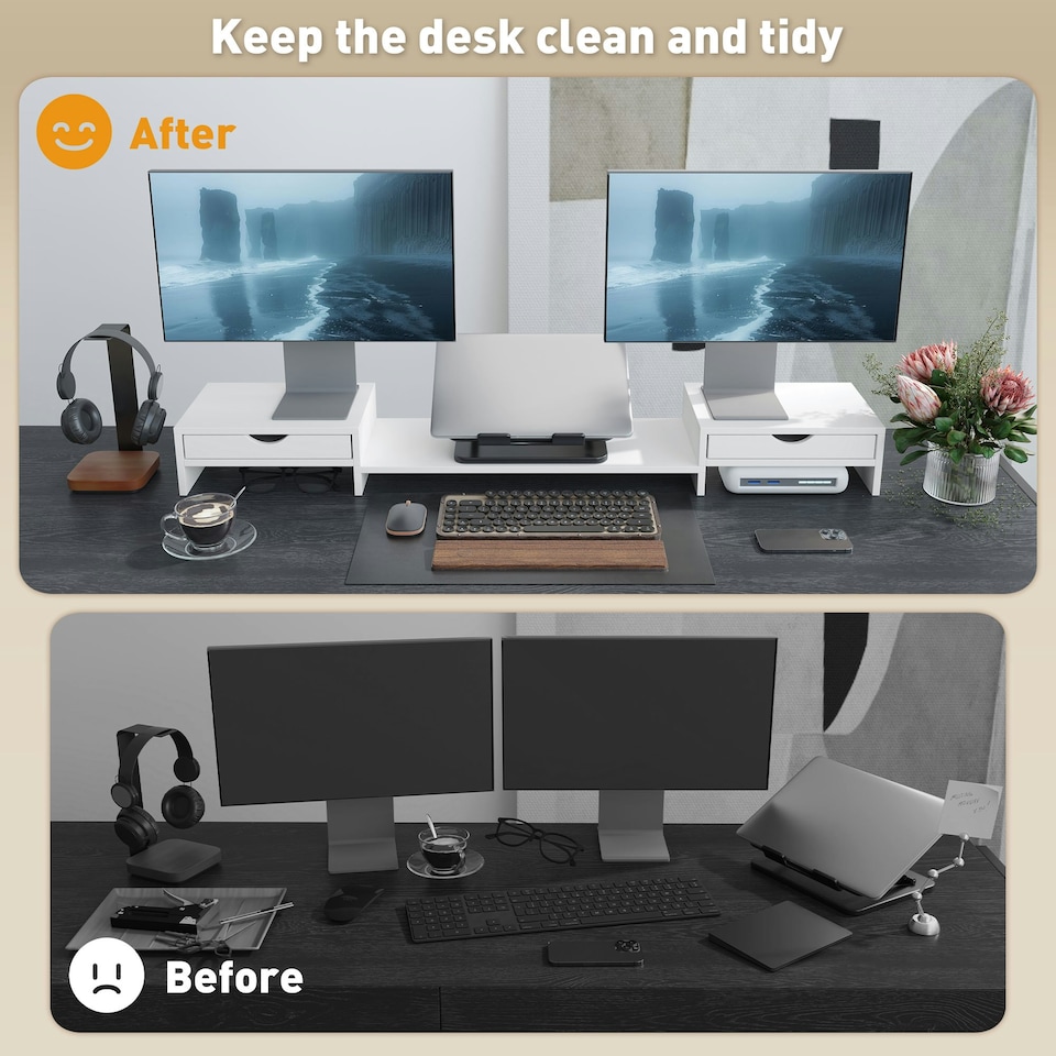 image 1 of HOMCOM Dual Monitor Stand Riser with Adjustable Length and Angle, White