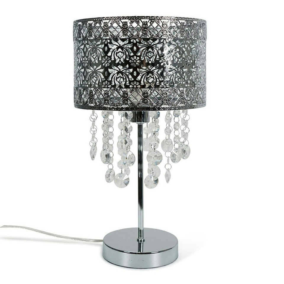 image 1 of ValueLights Enna Silver Moroccan Style Bedside Table Lamp with Acrylic Jewel Droplet Drum Lampshade - Bulb Included