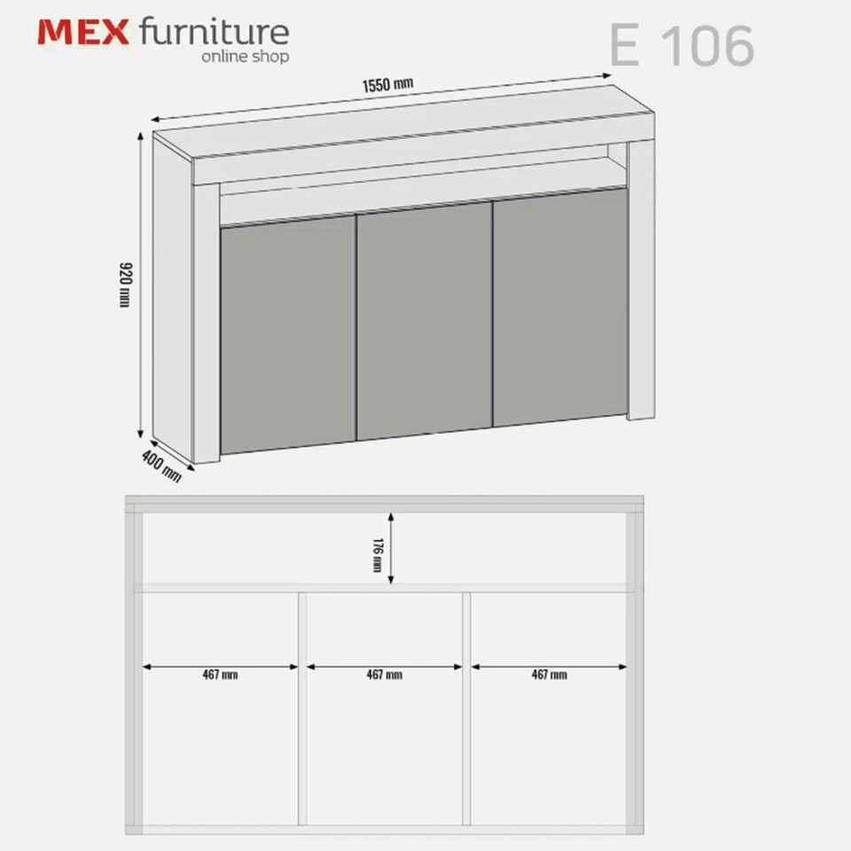 image 1 of Sideboard 155cm Grey Gloss Doors White Matt Body Free LED Shelf | White | Grey