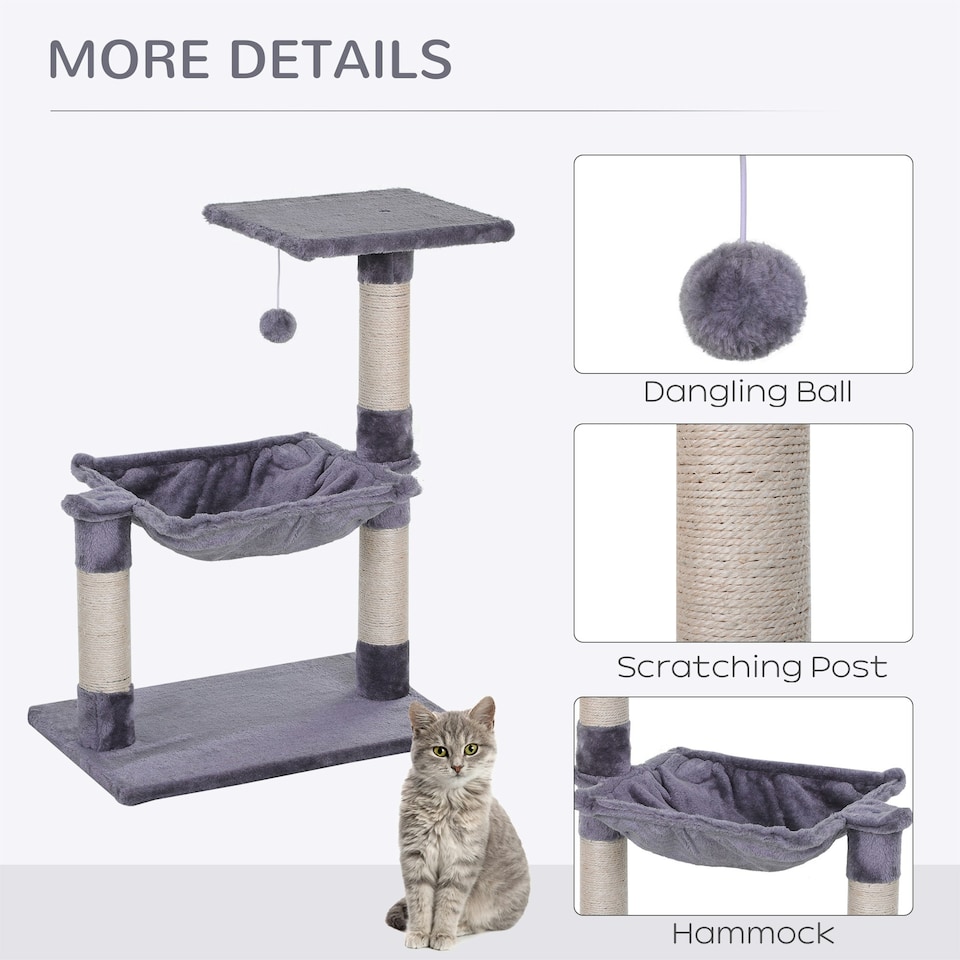 image 1 of PawHut Cat Tree Scratch Post with Bed Hammock Sisal for Indoor Cats Grey