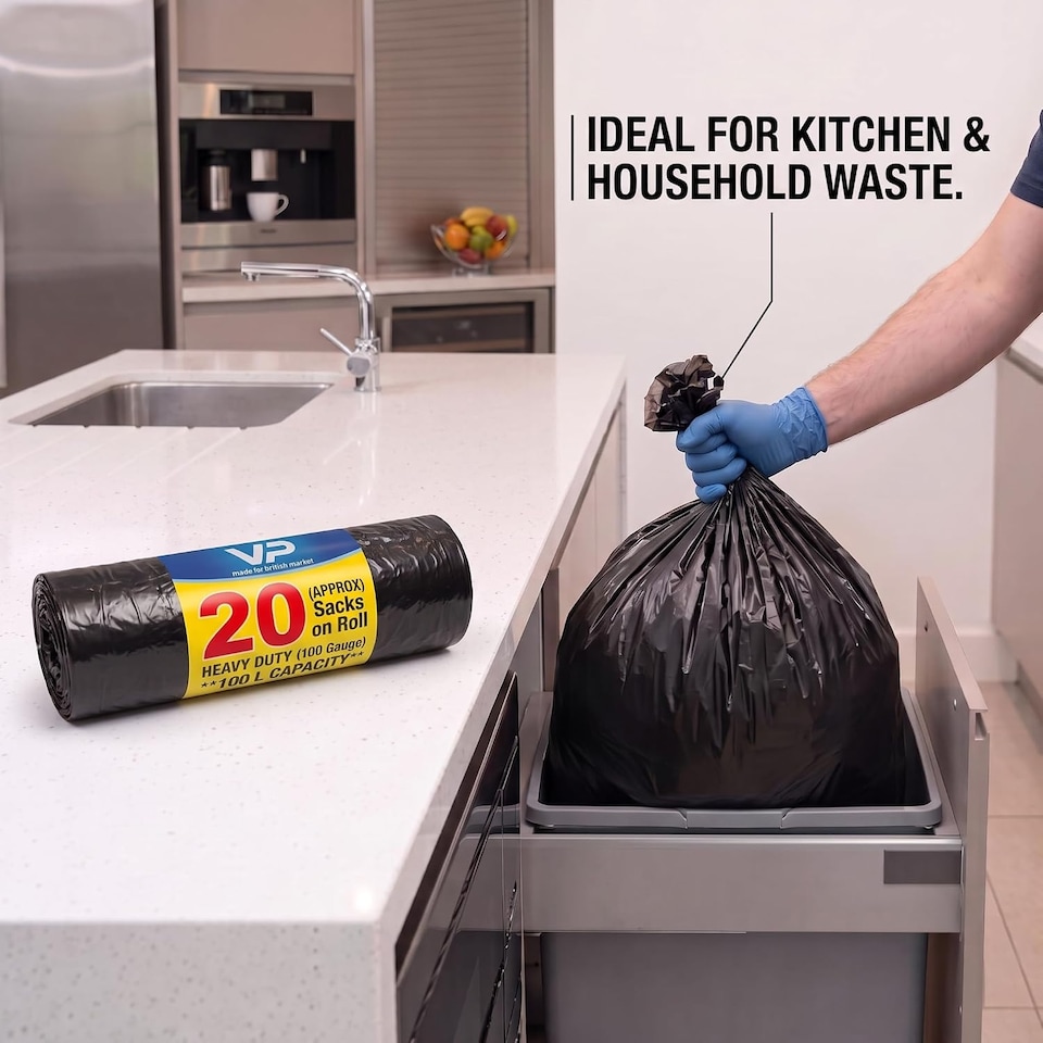 image 1 of VP 200 Large Black Bin Bags, Heavy Duty Refuse Sacks (100L, 18" x 29" x 39"), Ultra Strong, Tear Resistant Black Bin Liners for Household, Kitchen, Garden & Industrial Rubbish, 100% Recycled Plastic