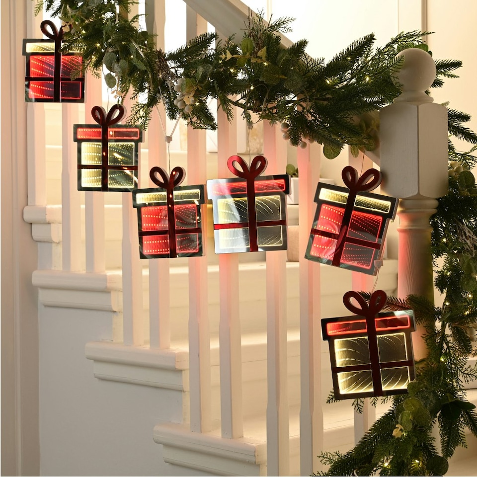 image 1 of 1.75m 6 Infinity Christmas Gift Box Garland with Red and Warm White LEDs