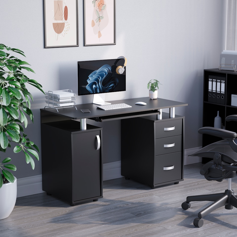 image 1 of Vida Designs Otley 3 Drawer Computer Desk Home Office Workstation, Black