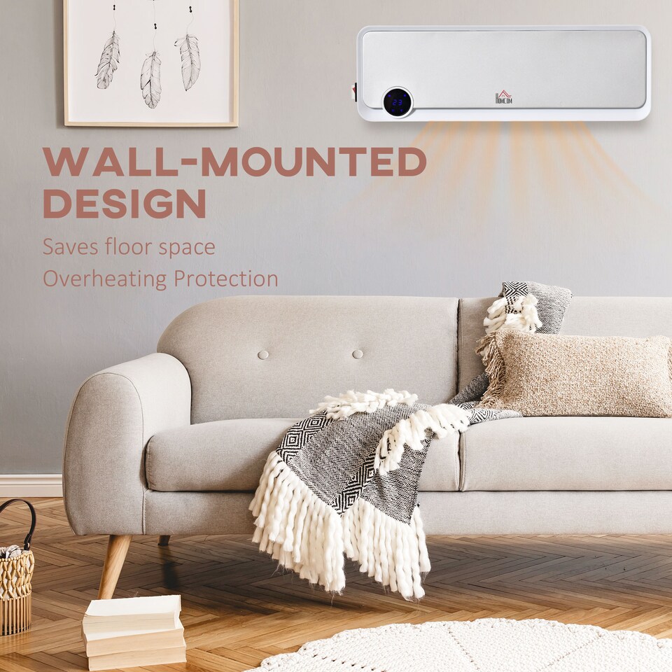image 1 of HOMCOM Wall Downflow Heater 2 Heat and Fan 1000W2000W, Electric Space Heater with Timer Remote Oscillating, for Bedroom Home Office, White and Silver