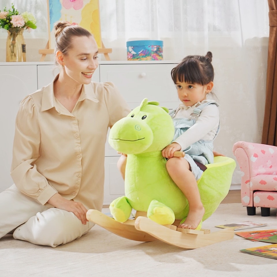 image 1 of HOMCOM Kids Rocking Horse, Plush Ride-On Dinosaur Seat with Safety Belt, 32 Songs, Ride-On Horses Toy, for Ages 18 Plus Months - Green