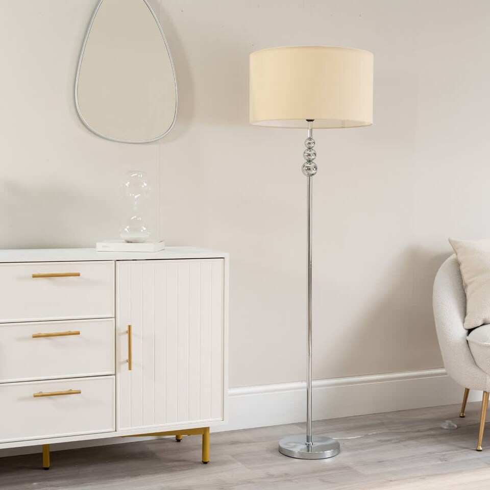 image 1 of ValueLights Marissa Natural Fabric Shade with Chrome Stacked Ball Floor Lamp | Cream