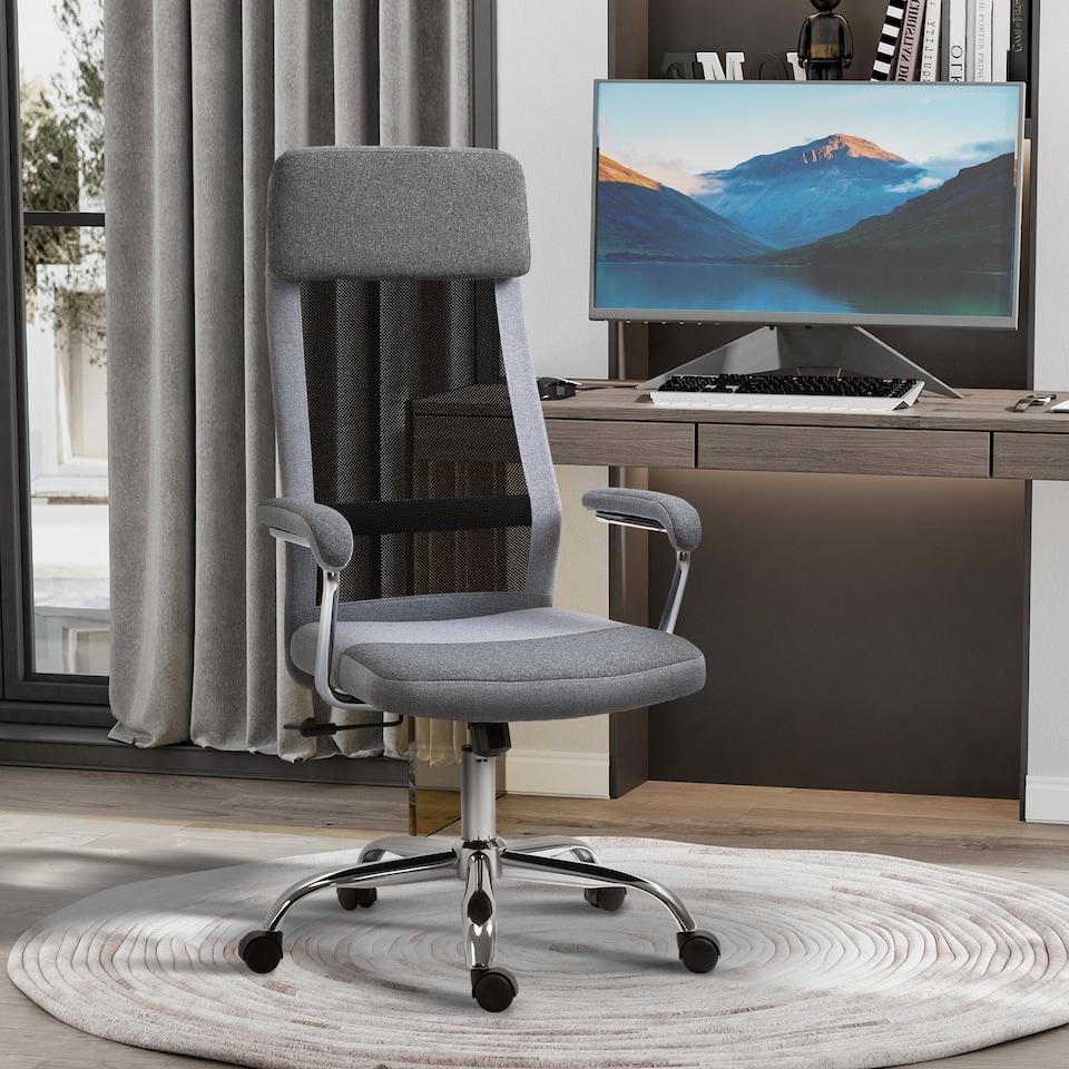 image 1 of Vinsetto Office Chair, Ergonomic Desk Chair, High Back Computer Chair with Adjustable Height, Swivel Rolling Wheels, Mesh Back and Linen-Feel Fabric Seat for Home and Study, Grey