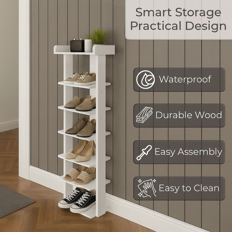 image 1 of Neo White 7 Tier Wooden Shoe Rack Slim Narrow Storage Cabinet Space-Saving Entryway Bedroom Wardrobe | White