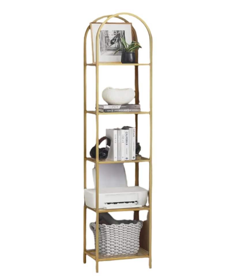 image 1 of 5-Tier Tempered Glass Shelf Unit, Arched Display Rack, Metallic Gold Frame 183.5 cm