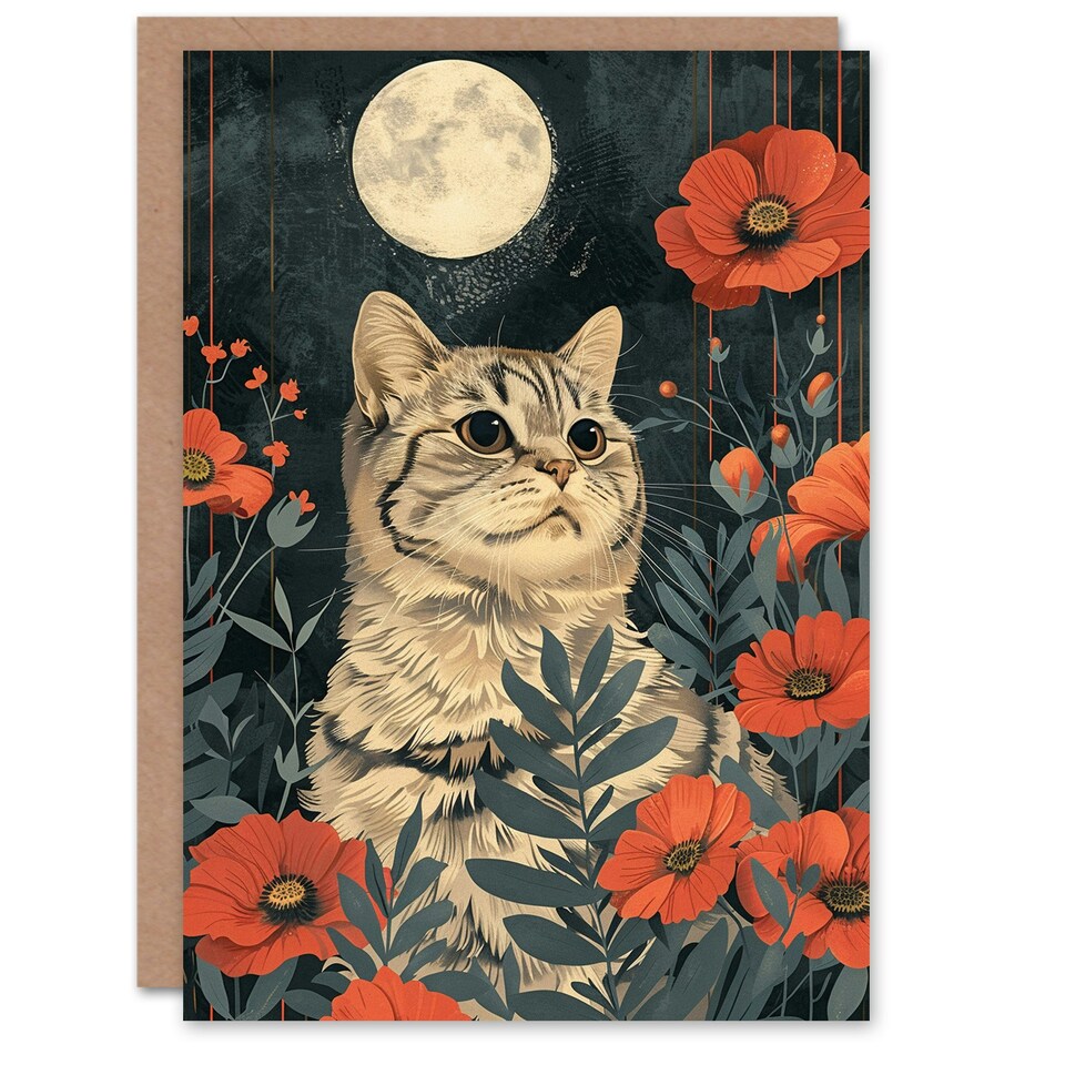 image 1 of Scottish Fold Cat Lover Full Moon Poppy Field Her Birthday Card