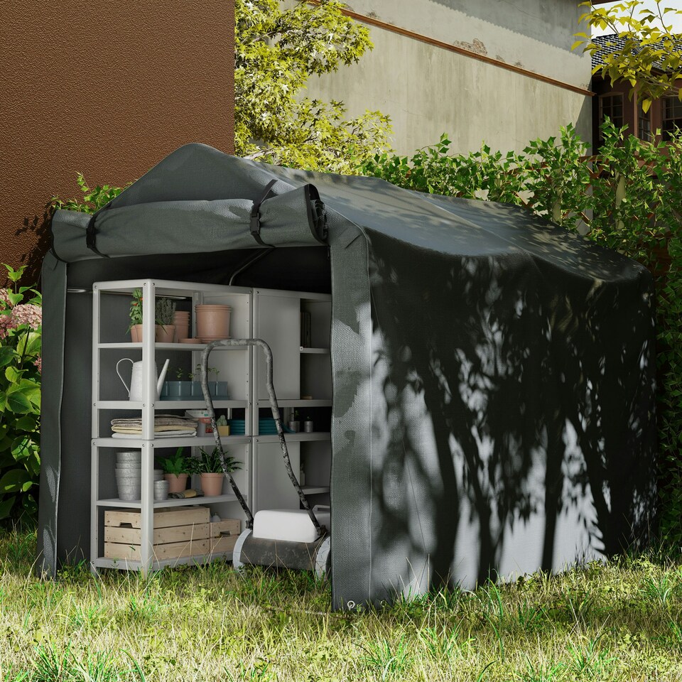 image 1 of Outsunny Garden Tool Storage Shed with Roll-up Zipper Door, Dark Grey Grey