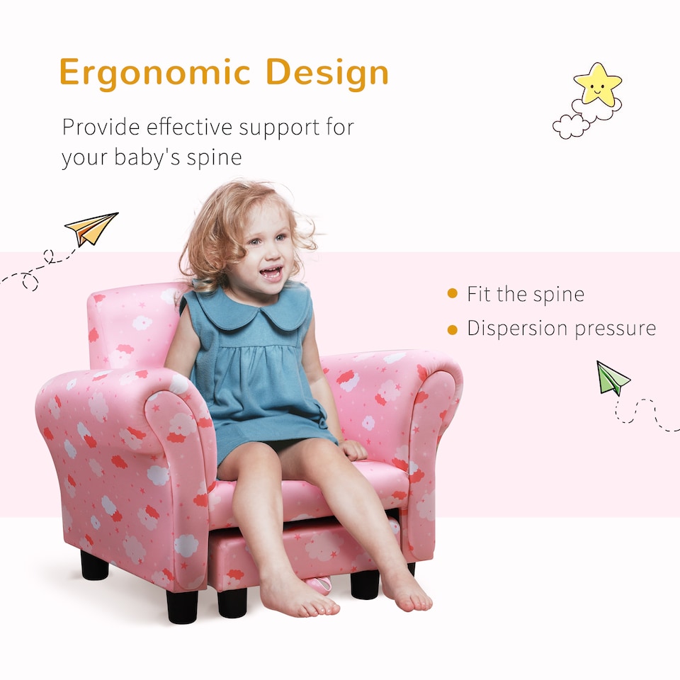 image 1 of HOMCOM Kids Armchair Children Mini Sofa Wood Frame w Footrest Cute Cloud Star | Pink | One Size