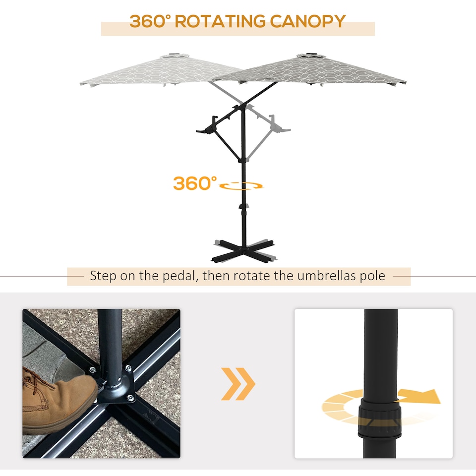 image 1 of Outsunny 3m Convertible Cantilever Parasol and Centrepost Garden Parasol with Cross Base, 360 Rotation Banana Parasol with Crank Handle and 8 Ribs, Hanging Patio Umbrella, Black and White