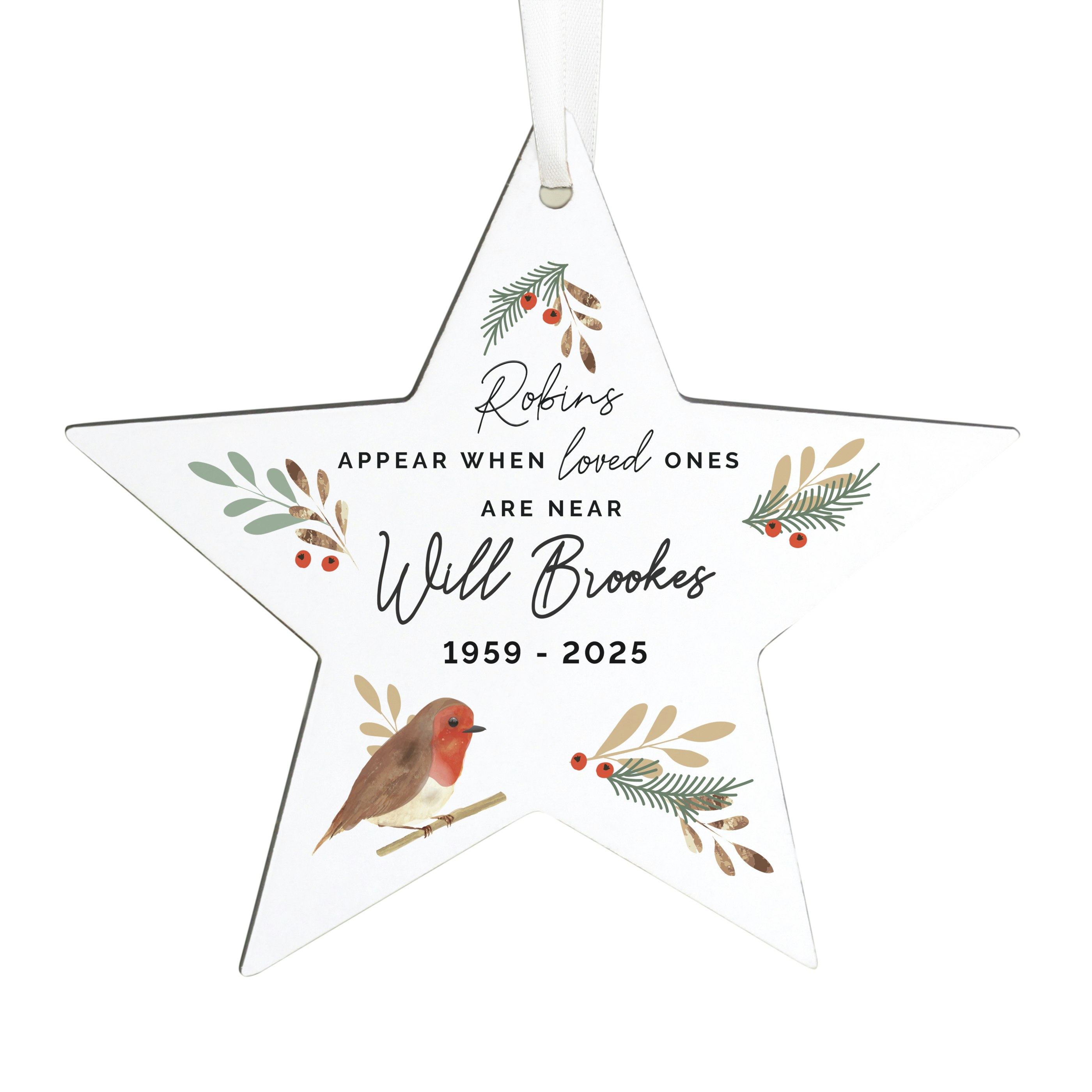 Personalised Memento Company Personalised Robin Memorial Star Ornament in White