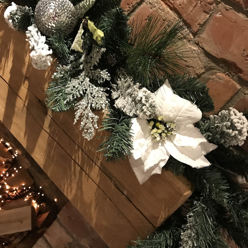 image 1 of 1.8M (6ft) White Poinsettia Christmas Garland Silver Balls Glitter Snow Flocked