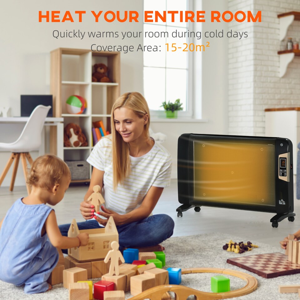 image 1 of HOMCOM Mica Electric Space Heater, Portable Heater for Home with 2 Heat Settings, Living Room, Study, Garage, Adjustable Temperature 18-30C, 1000W2000W, Black