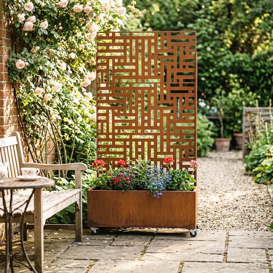 image 1 of Nicoman Metal Outdoor Privacy Screen Panel with Planter | Bronze | Rusted | 1
