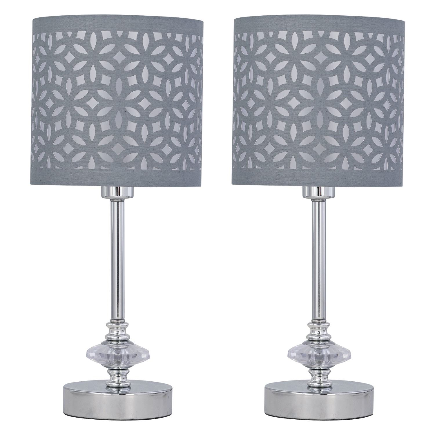 First Choice Lighting Set of 2 Chrome Jewelled Table Lamps with Grey Cut Out Shades in Silver
