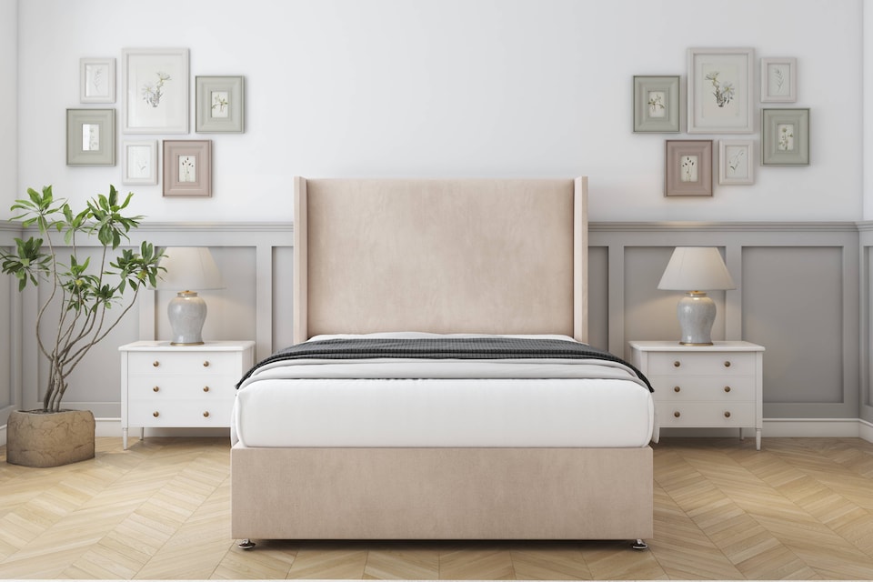 image 1 of Sloomy Devonshire Sand Naples Divan Bed With Mattress No Drawers With 54" Wingback Headboard 3' Single | Cream | Sand | Single | 1