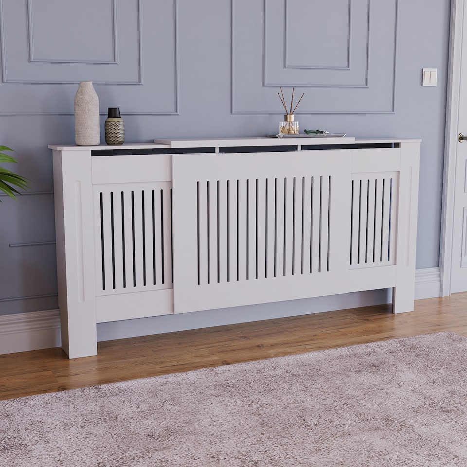 image 1 of Vida Designs Chelsea Radiator Cover Painted MDF Slatted Cabinet, White, 140-204cm