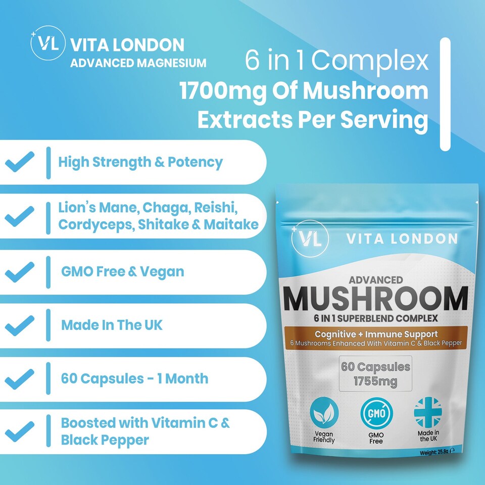 image 1 of Mushroom 6 In 1 Superblend Capsules + Lions Mane - 1755mg - 60 Capsules