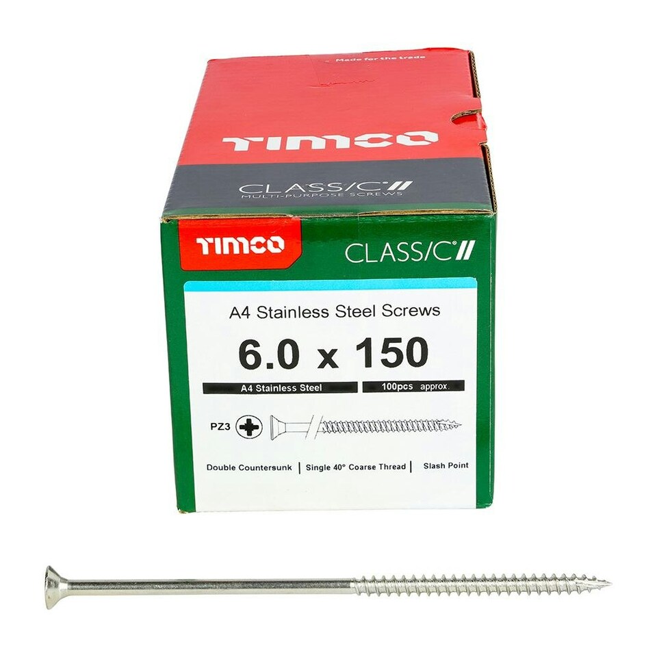 image 1 of Timco - Classic Multi-Purpose Screws - PZ - Double Countersunk - A4 Stainless Steel (Size 6.0 x 150 - 100 Pieces)