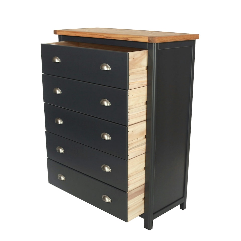 image 1 of Dunkeld 5 Drawer Chest - Midnight Blue Painted Wood Bedroom Storage with Antique Oak Effect Top and Silver Handles | Blue | Blue | 1