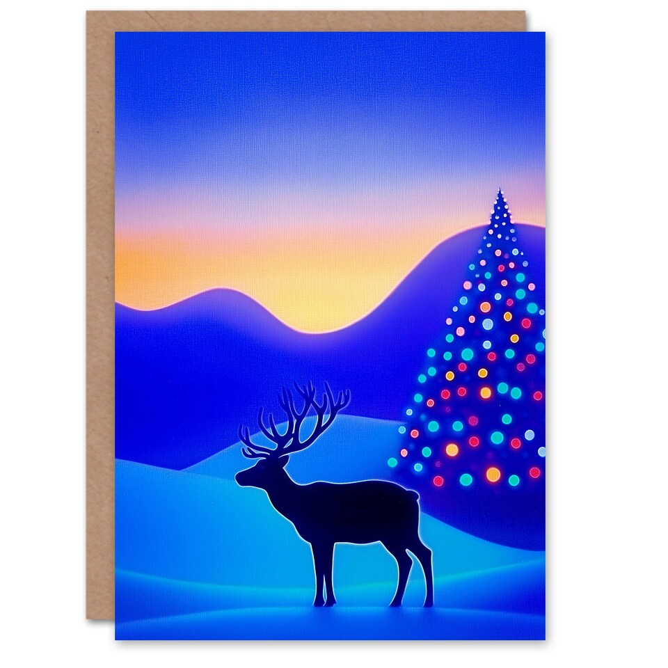 image 1 of Greeting Card Colourful Lights Tree Reindeer Winter Wonderland Blank For Him Or Her Art Xmas Christmas Card