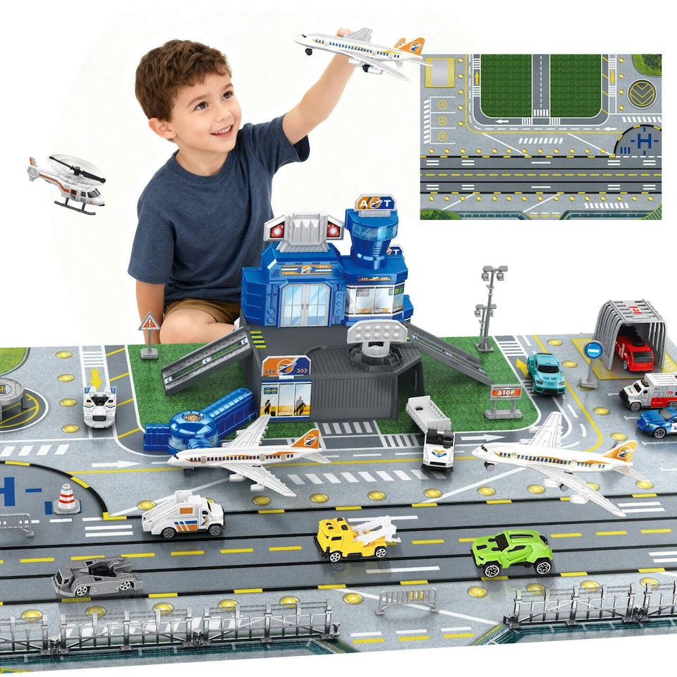 image 1 of Interactive Airport Play Set - Aircraft Tower, Vehicles & Large Battle Map for Kids Ages 3plus
