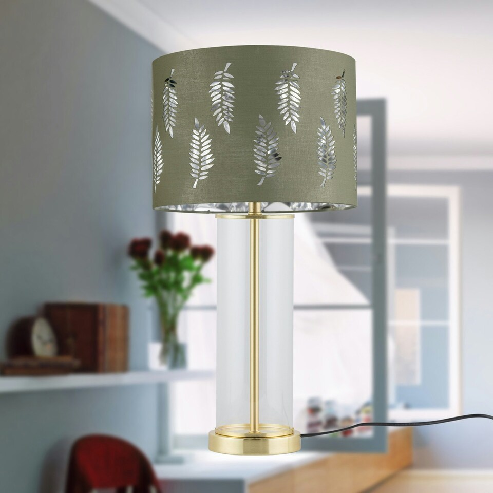 image 1 of Set of 2 Aura - Satin Brass Lamps with Sage Green Fern Silver Shades Bronze | Green