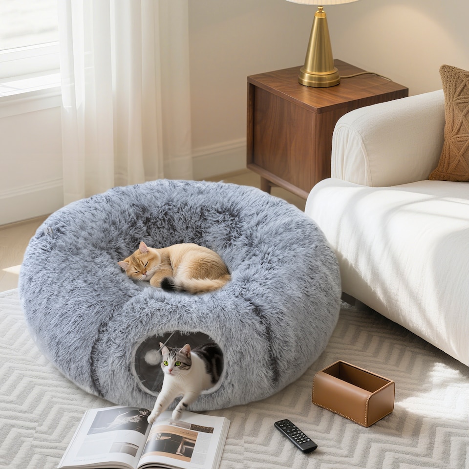 image 1 of PawHut Cat Tunnel for Indoor Cats, 90cm Large Donut Play Tunnel Bed with Washable Cushion, Toy Ball and Door Hole, Pet Play Rabbit Tube Toy, Light Grey